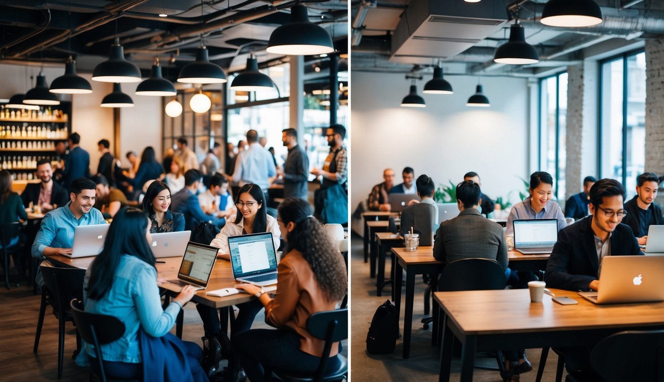 A bustling cafe with people chatting and working on laptops, contrasted with a quiet coworking space filled with focused individuals at their desks