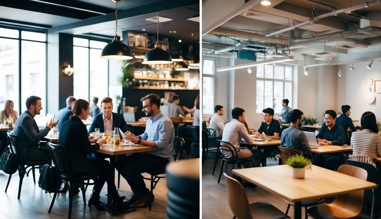 A bustling cafe with people chatting and working vs. a quiet coworking space with individual focus zones