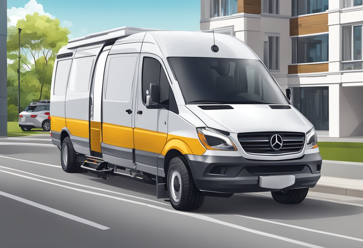 Uma van de transporte médico especializada com elevador hidráulico e rampa para cadeirantes, estacionada em frente a um prédio residencial.