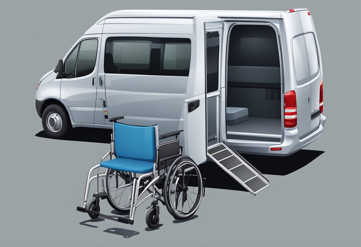 Uma van especializada com elevador hidráulico e rampa para cadeira de rodas, equipada com suprimentos médicos e assentos confortáveis para o transporte de indivíduos acamados.