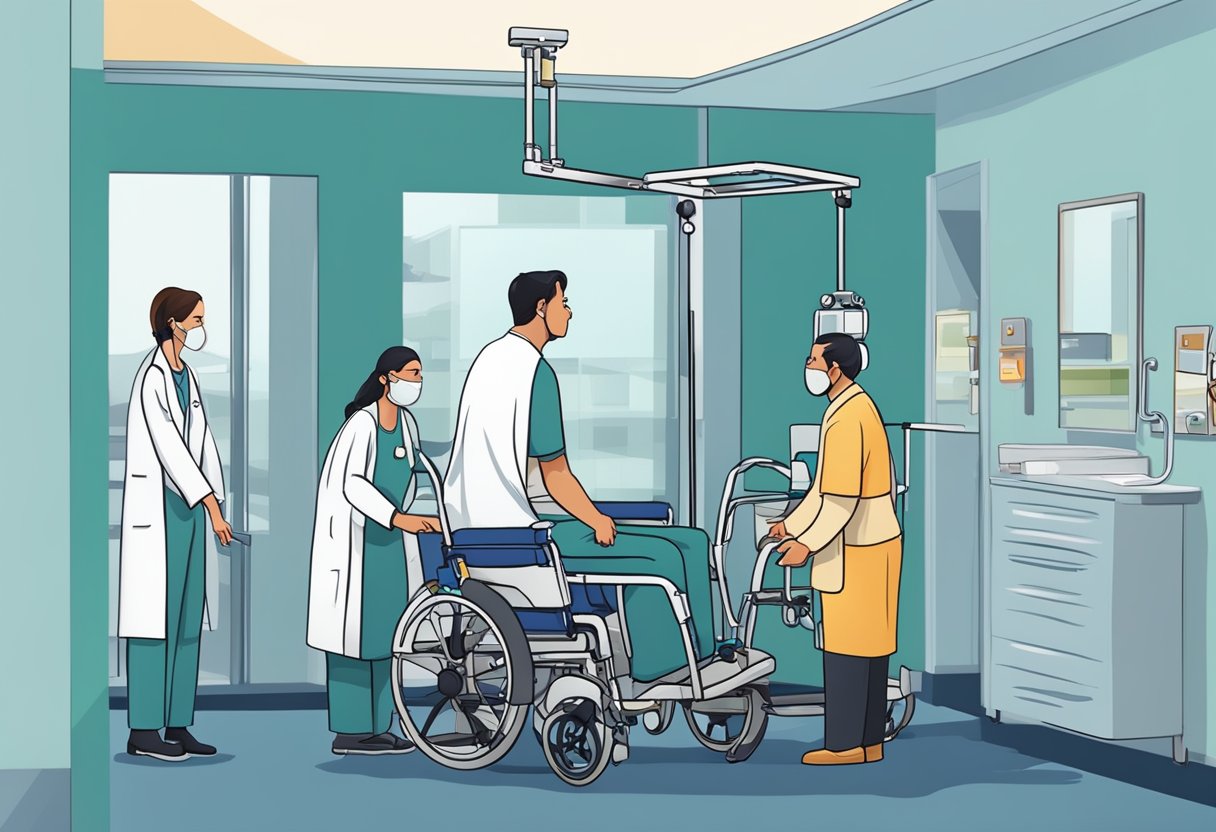Um profissional usando um elevador médico especializado para transferir um paciente acamado de uma cama hospitalar para uma cadeira de rodas