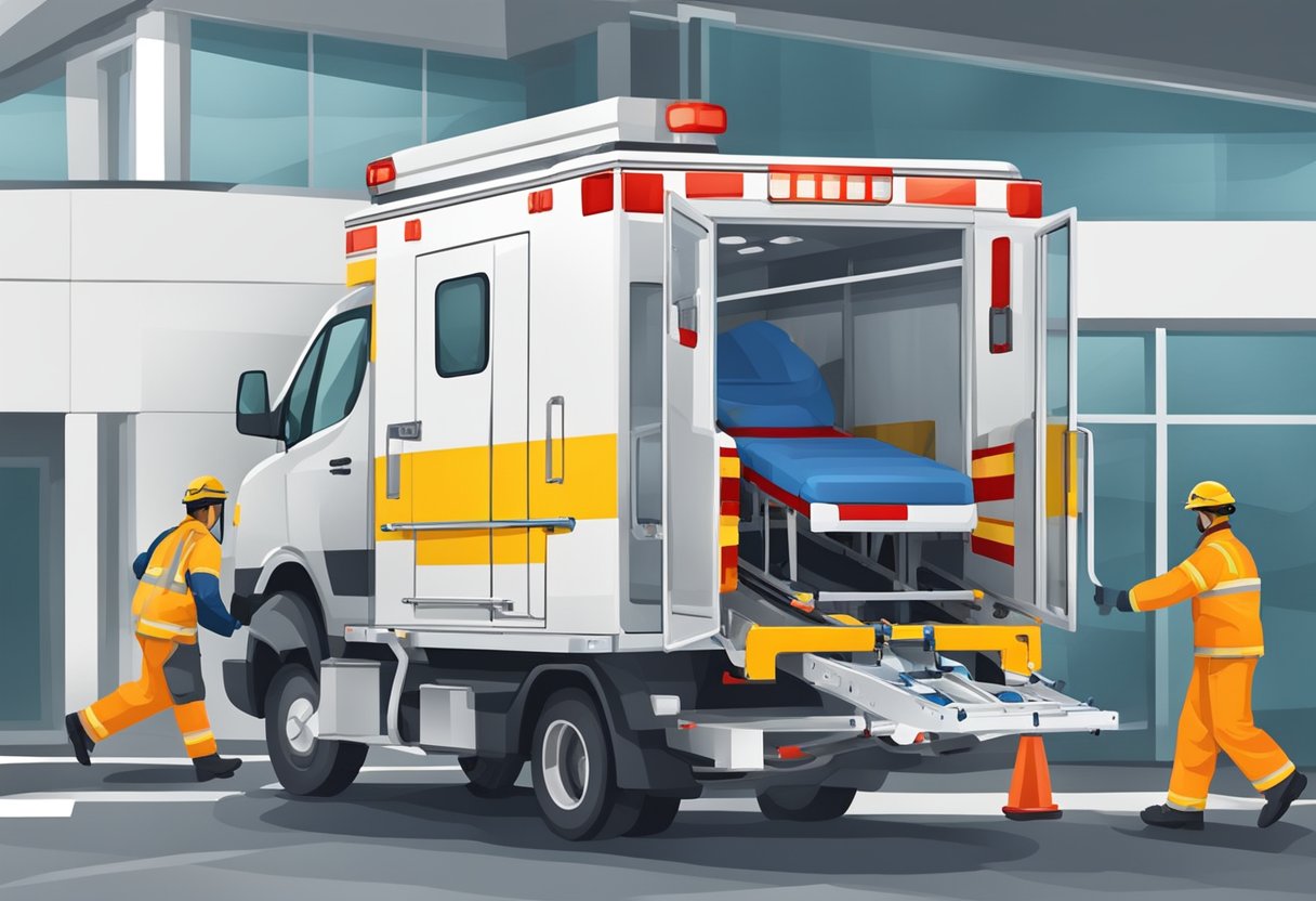 Uma ambulância com um elevador hidráulico, transportando um paciente em uma maca