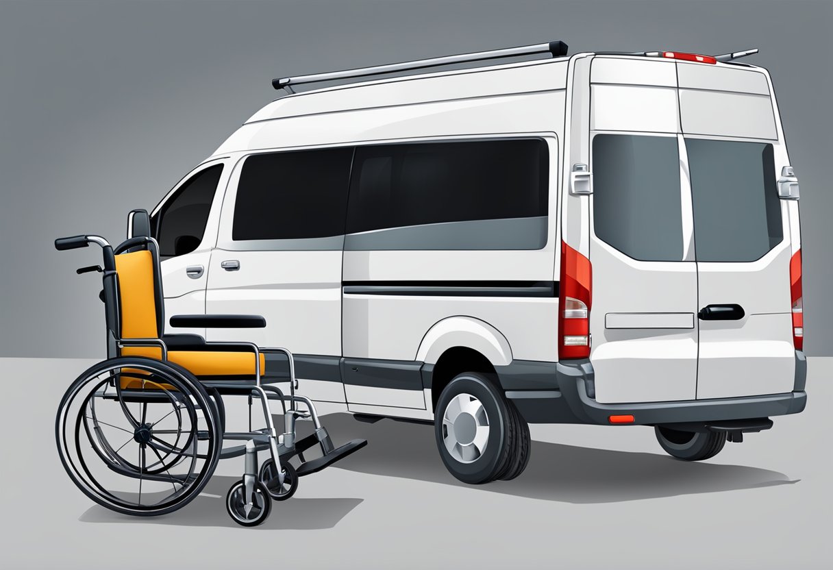 Uma van acessível para cadeirantes com uma rampa e símbolo médico