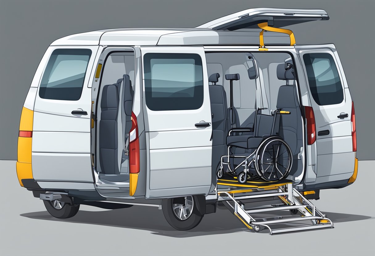 Uma van acessível para cadeirantes com um elevador hidráulico e dispositivos de segurança para o transporte de indivíduos acamados