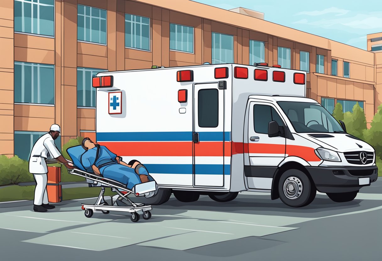 Uma ambulância estacionada em frente a um hospital, com a equipe médica carregando uma maca no veículo.