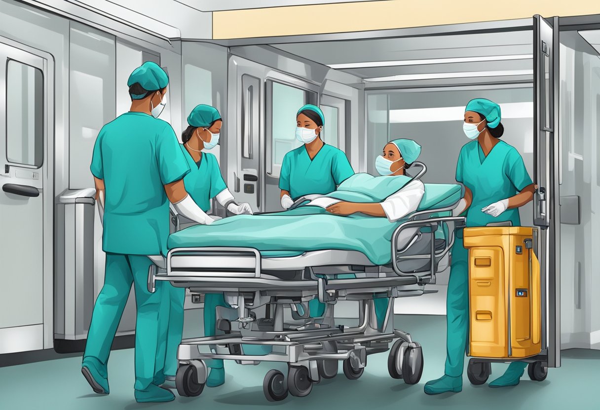 Uma equipe médica prepara equipamentos para o transporte de pacientes no hospital