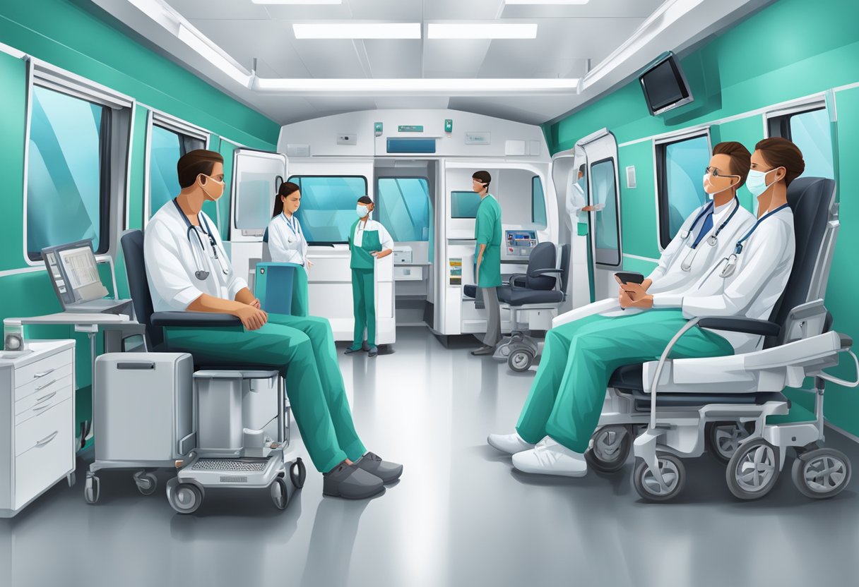 Uma equipe de profissionais de saúde e equipamentos de comunicação em um ambiente de transporte hospitalar