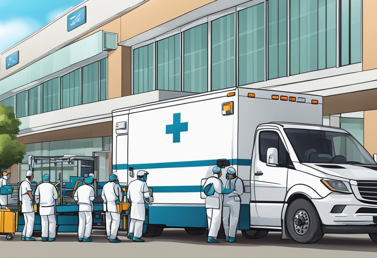 Um veículo de transporte médico estacionado do lado de fora de um hospital, com equipamentos médicos sendo carregados na parte de trás por trabalhadores da saúde.