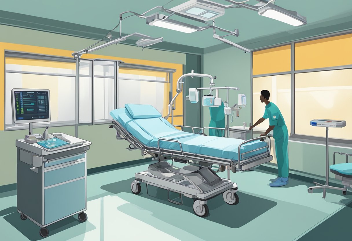 Um quarto de hospital com um paciente sendo transferido de uma maca para uma cama por profissionais de saúde. Equipamentos e dispositivos de monitoramento são visíveis.