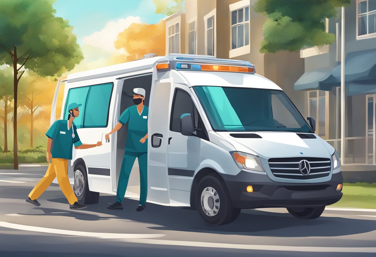 Um paciente sendo transportado com segurança em um veículo médico particular, com um motorista profissional e uma equipe médica prestando cuidados.