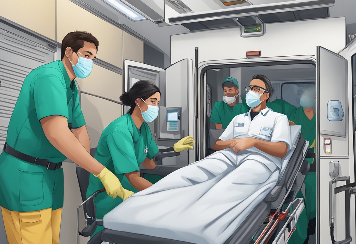 Um paciente sendo transportado em uma ambulância particular com equipamentos médicos e um paramédico atendendo a ele.