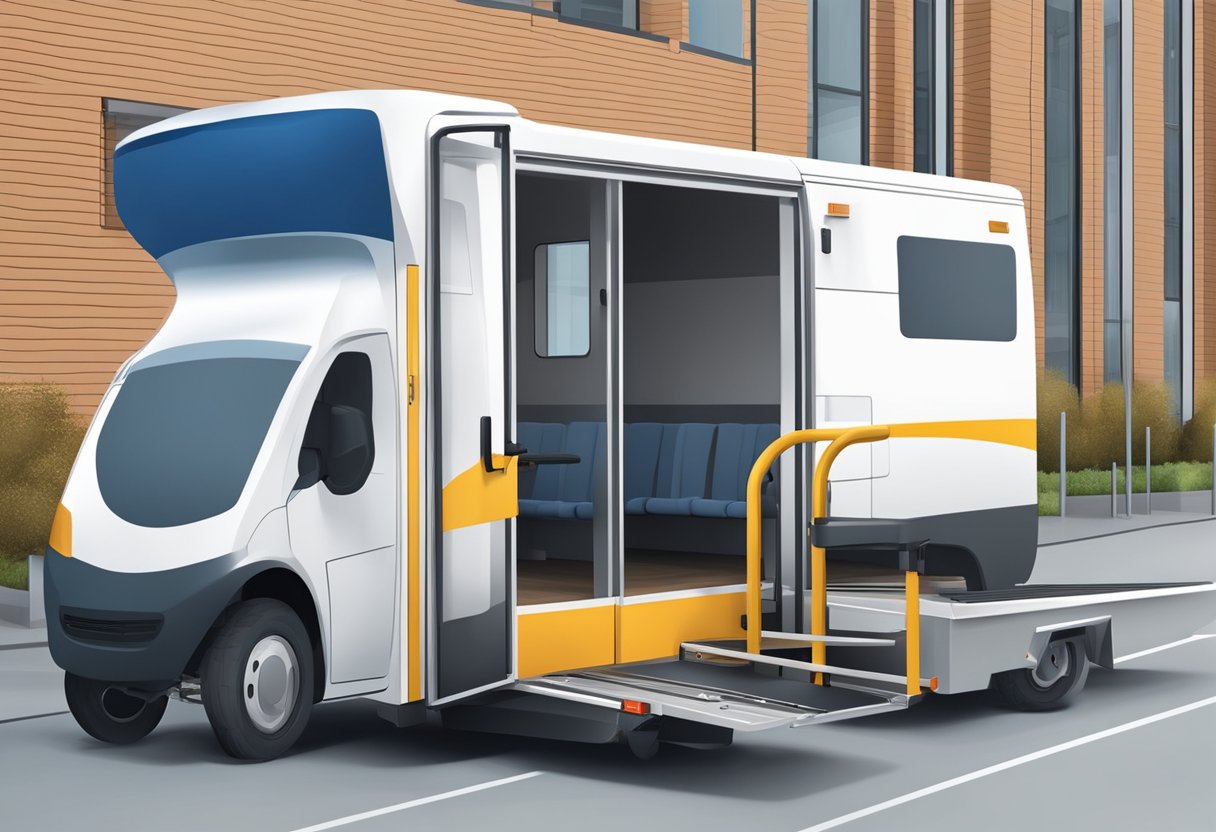 Um veículo de transporte privado com uma rampa para acesso de cadeirantes espera do lado de fora de uma unidade médica.