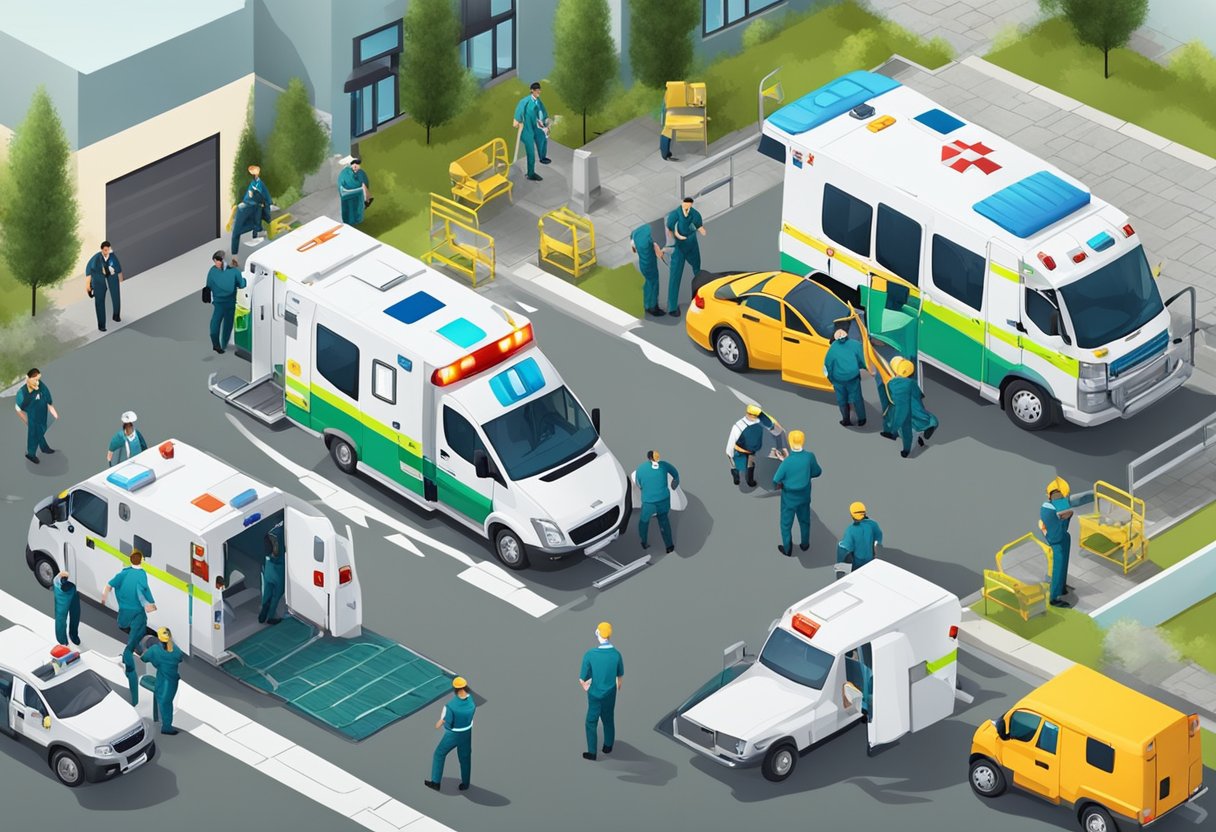 Uma equipe de paramédicos transfere um paciente de uma ambulância particular para um veículo de suporte avançado de vida, cercado por equipamentos médicos e pessoal.