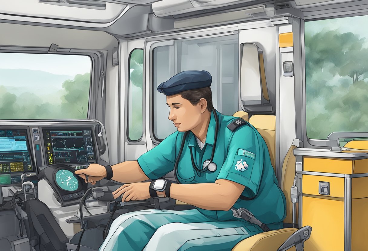 Um paramédico monitora cuidadosamente os sinais vitais durante o transporte privado de pacientes.