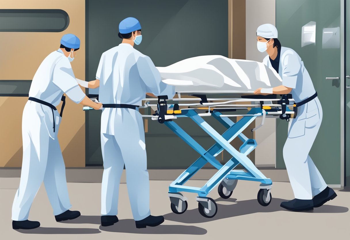 Uma equipe de profissionais de saúde transfere cuidadosamente um paciente para uma maca para transporte.