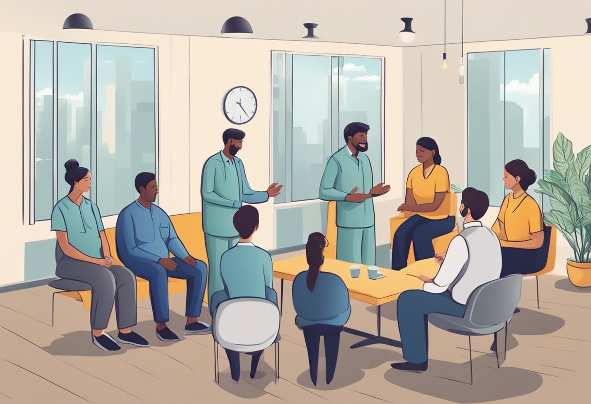 Uma pessoa recebendo apoio e orientação de um grupo de profissionais em um ambiente terapêutico