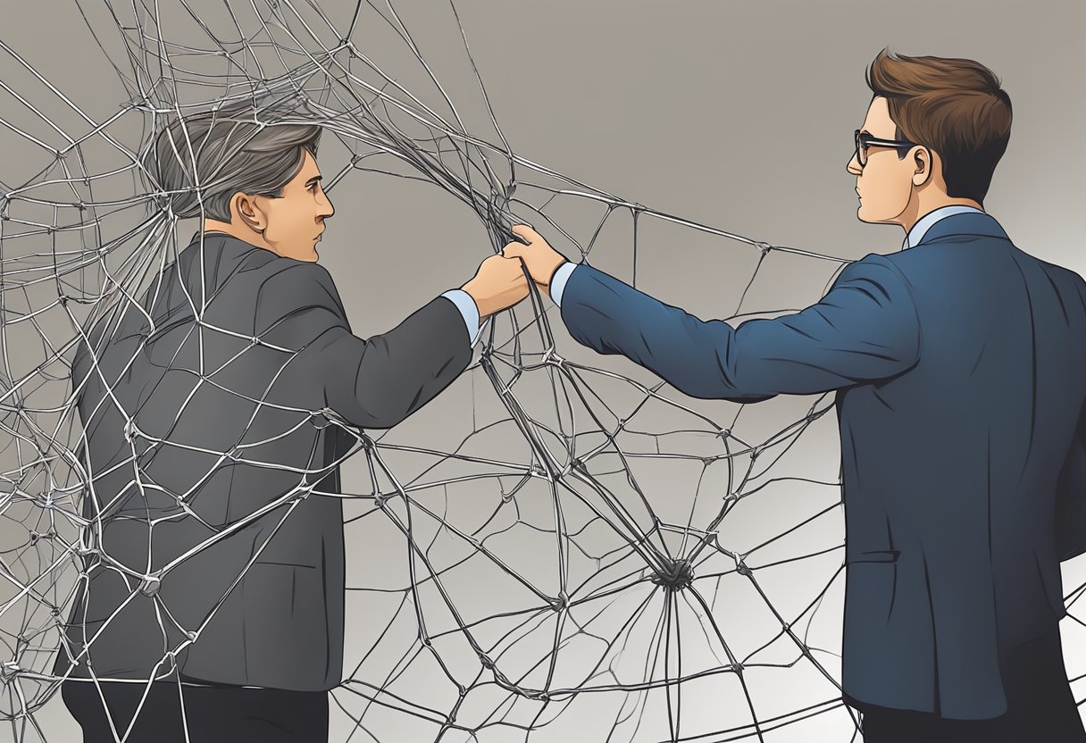 Um conselheiro profissional guiando uma pessoa para longe de uma teia escura e emaranhada de dependência em direção a um caminho mais claro e iluminado de recuperação.