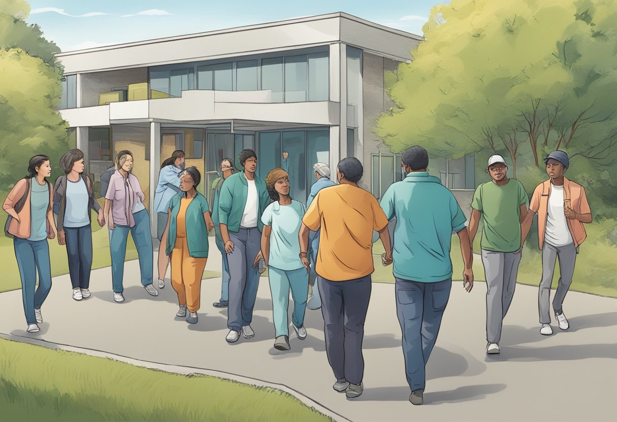 Um grupo de pessoas guiando um indivíduo desorientado em direção a uma unidade de tratamento para dependência química