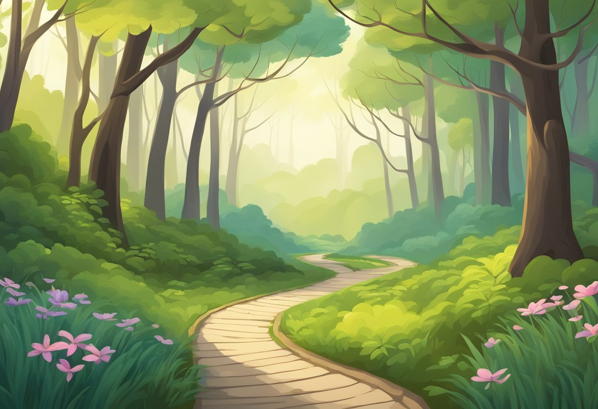 Uma cena serena da natureza com um caminho sinuoso levando através de uma floresta, simbolizando as etapas da recuperação do vício em drogas.