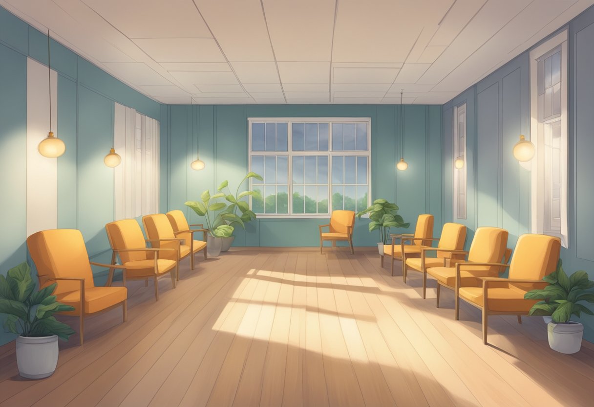 Um ambiente sereno e acolhedor, com iluminação suave, assentos confortáveis e um senso de segurança para indivíduos que estão passando pela remoção de dependência química.