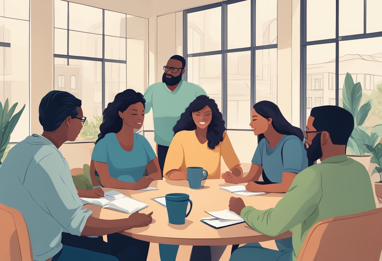 Um ambiente sereno e de apoio com um grupo de indivíduos fornecendo cuidados contínuos e suporte pós-remoção para dependentes de substâncias em recuperação.