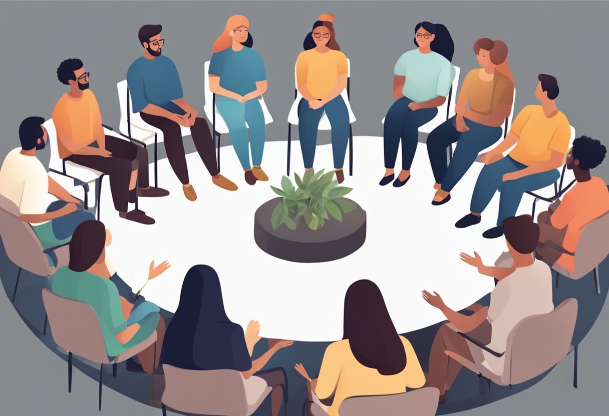 Uma sessão de terapia em grupo para tratamento de dependência química, com participantes sentados em círculo compartilhando suas experiências e apoiando uns aos outros.