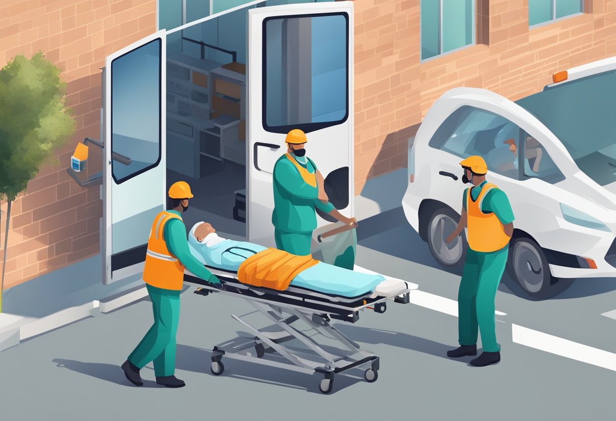 Uma equipe médica carinhosamente coloca um paciente em uma maca, garantindo sua segurança para o transporte. A ambulância espera do lado de fora, pronta para levar o paciente ao hospital.