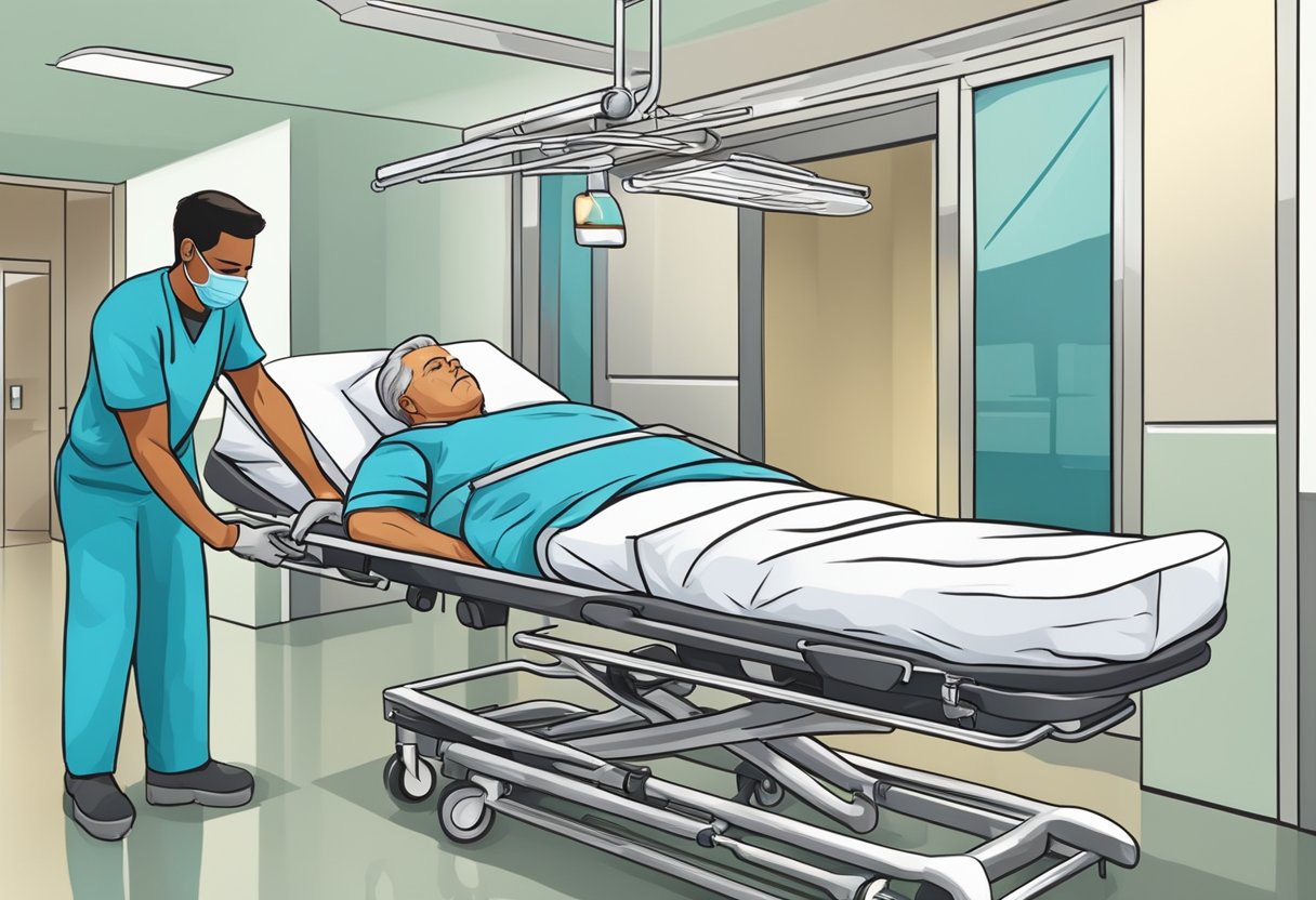 Um paciente sendo transferido de uma maca para uma cama hospitalar por uma equipe médica utilizando técnicas adequadas de levantamento e transferência.