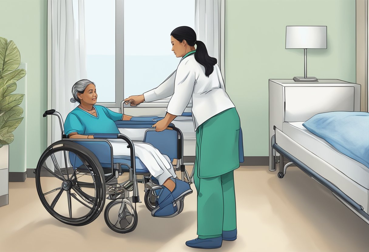 Um profissional de saúde usa um cinto de transferência para ajudar um paciente a se mover de uma cama para uma cadeira de rodas.