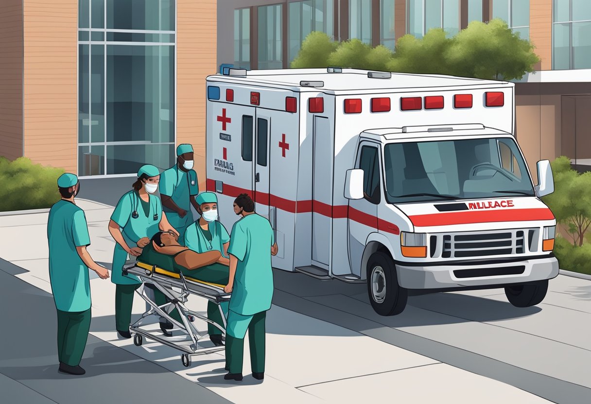 Uma ambulância estacionada do lado de fora de um hospital, com a equipe médica carregando um paciente em uma maca.