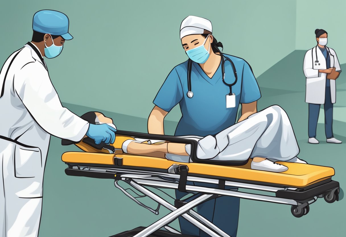 Um profissional de saúde ajudando um paciente a ser colocado em uma maca para transporte