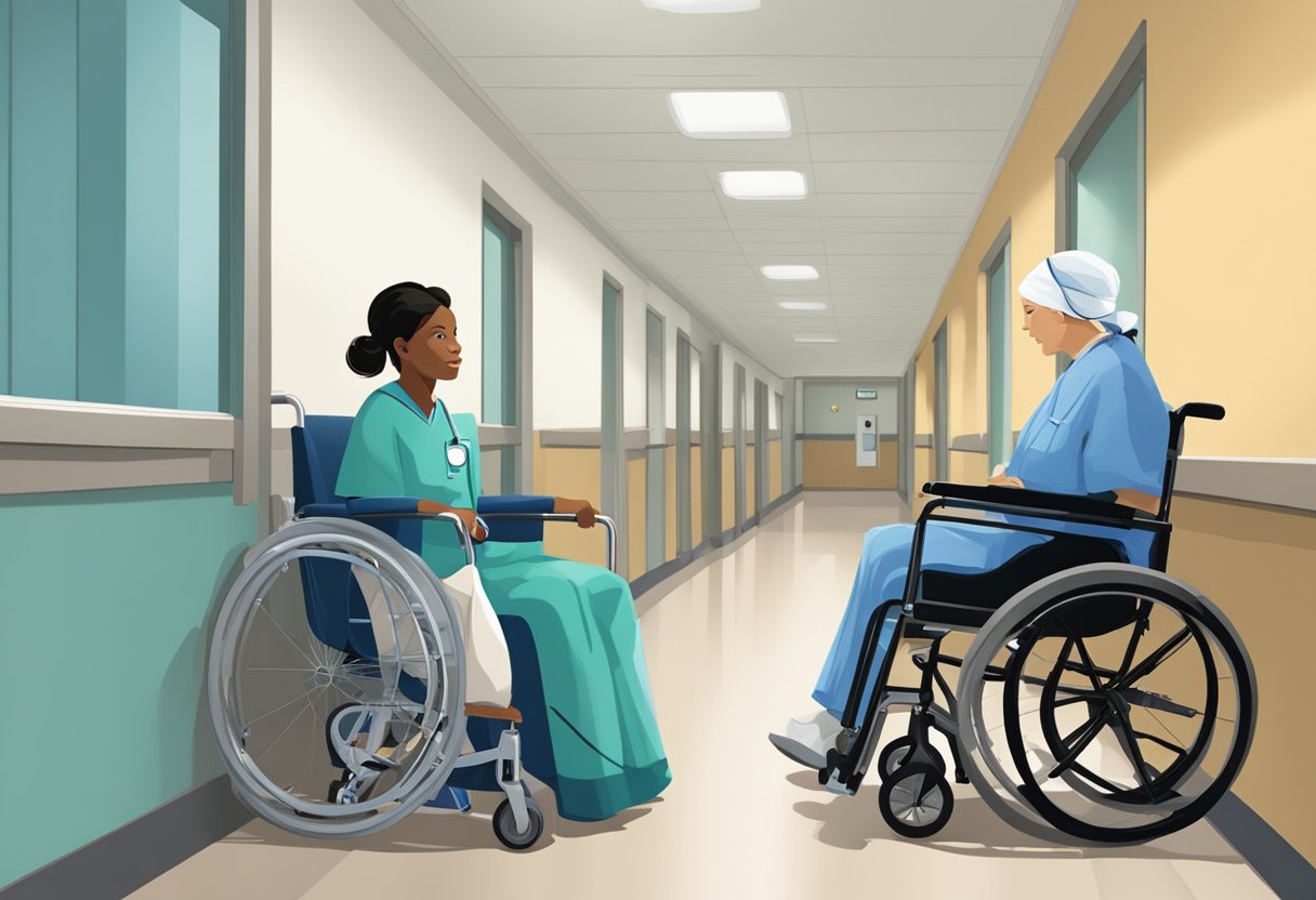 Uma enfermeira prende um paciente em cadeira de rodas com um cinto de segurança antes de empurrá-lo suavemente por um corredor do hospital. O paciente parece calmo e confortável, com uma manta cobrindo suas pernas.