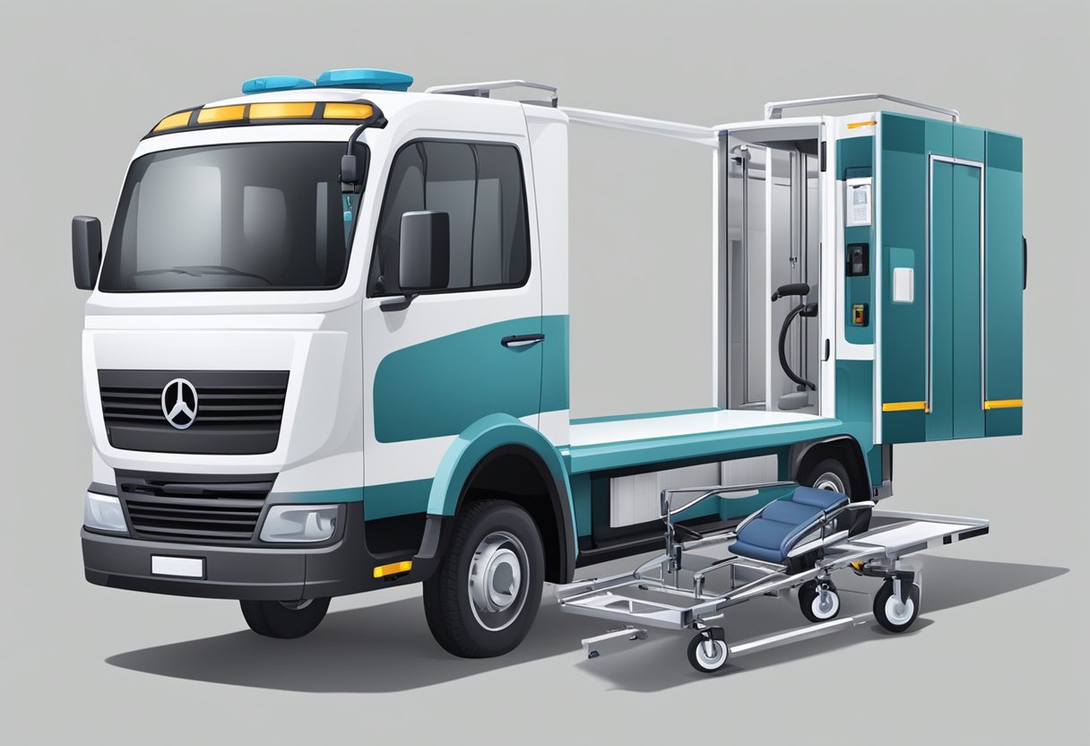 Um veículo de transporte médico com elevador para cadeira de rodas e equipamentos médicos