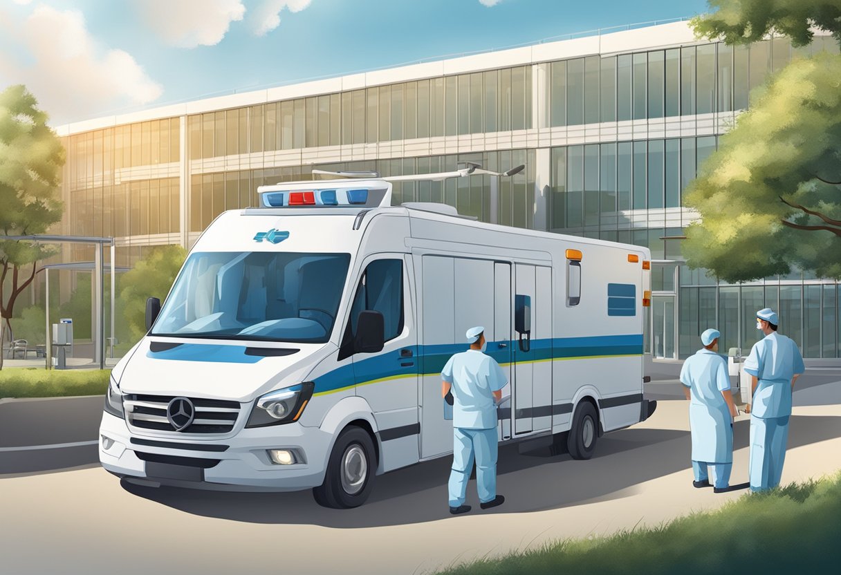 Um veículo de transporte médico estacionado em frente a um hospital, com uma equipe de profissionais de saúde se preparando para transferir um paciente.