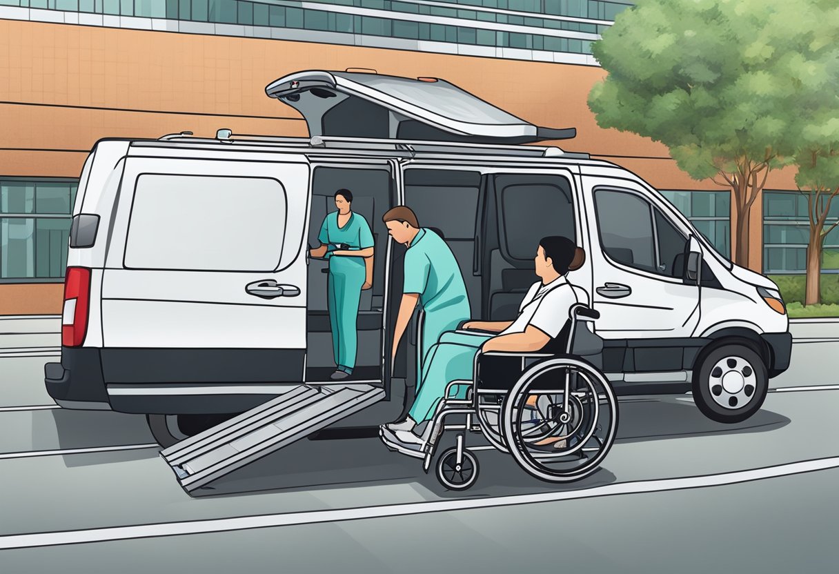 Uma van acessível para cadeirantes estacionada do lado de fora de um hospital, com uma rampa estendida e um profissional de saúde ajudando um paciente dentro.