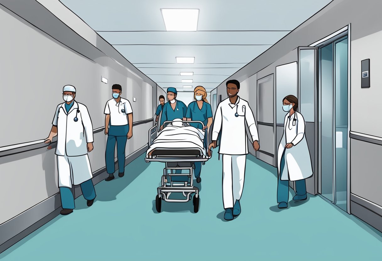 Uma equipe médica transporta rapidamente um paciente em uma maca através de um corredor do hospital