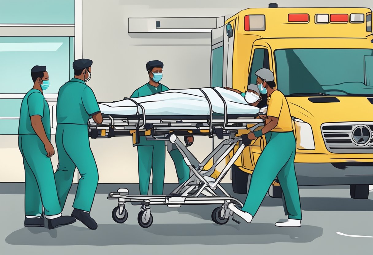 Um paciente sendo transferido para uma maca de ambulância por profissionais de saúde