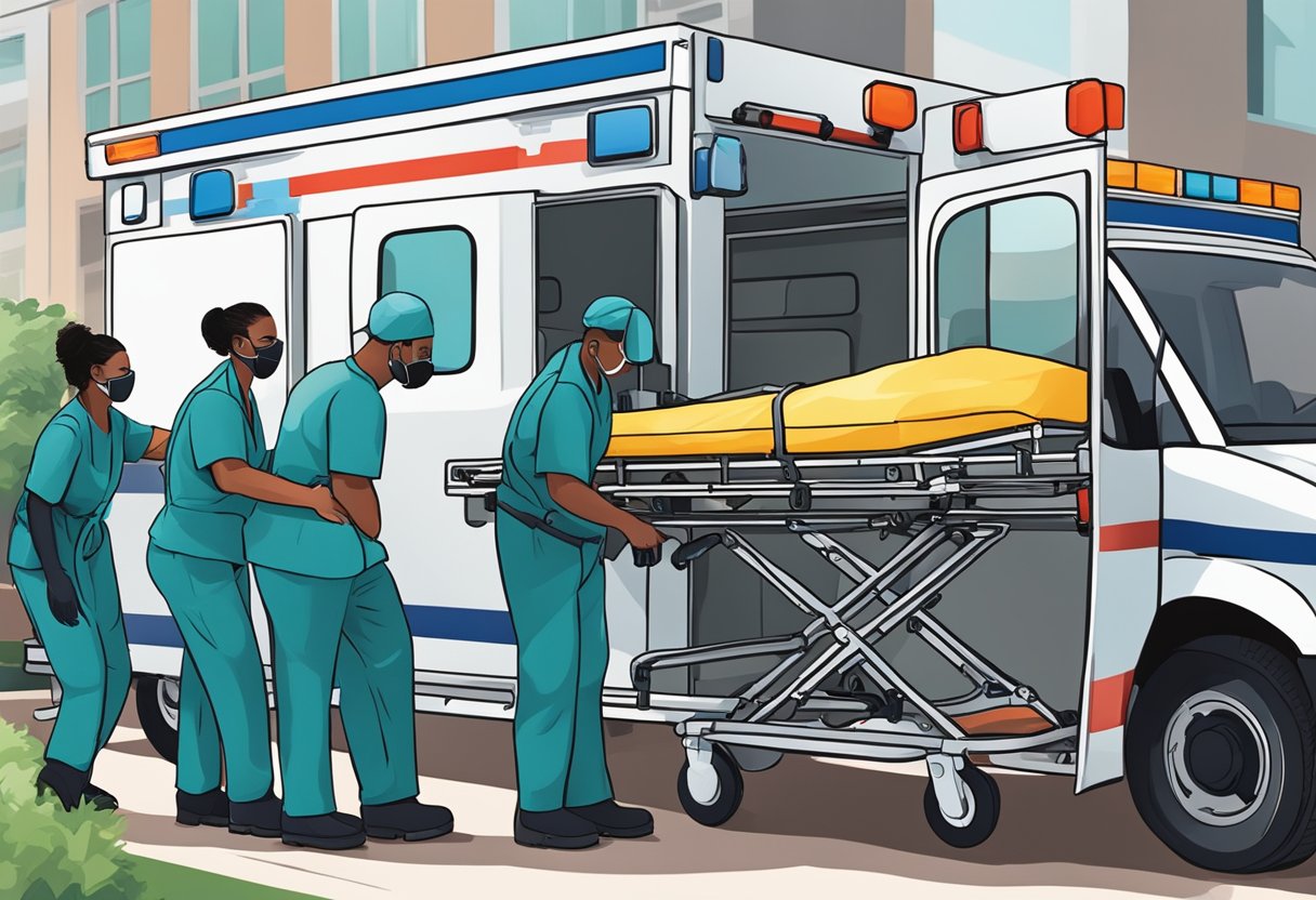 Uma equipe de profissionais de saúde carregando um paciente em uma maca de ambulância