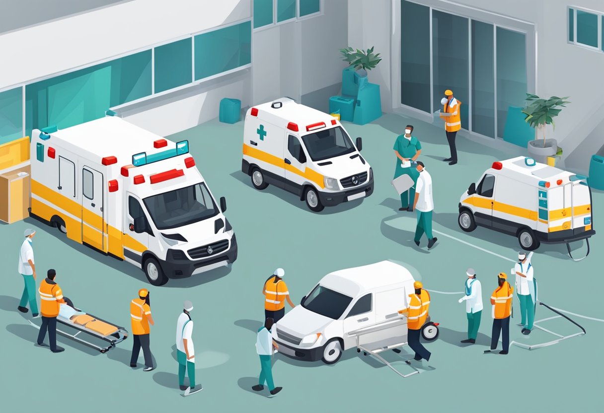 Ambulância e equipamentos médicos organizados perto de uma maca para pacientes. Uma equipe médica se prepara para o transporte do paciente.