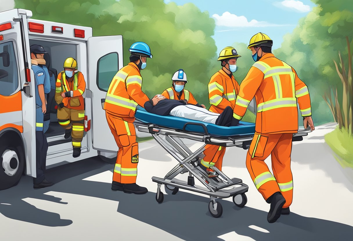 Uma equipe de socorristas carrega rapidamente um paciente em uma maca e o transporta para segurança.