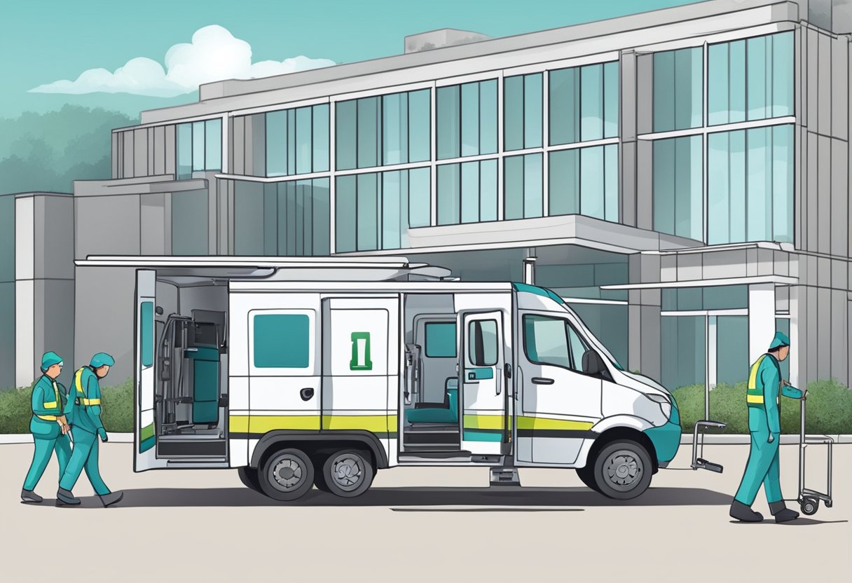 Um veículo de transporte médico estacionado do lado de fora de um hospital, com equipamentos médicos e pessoal carregando uma maca na parte de trás.