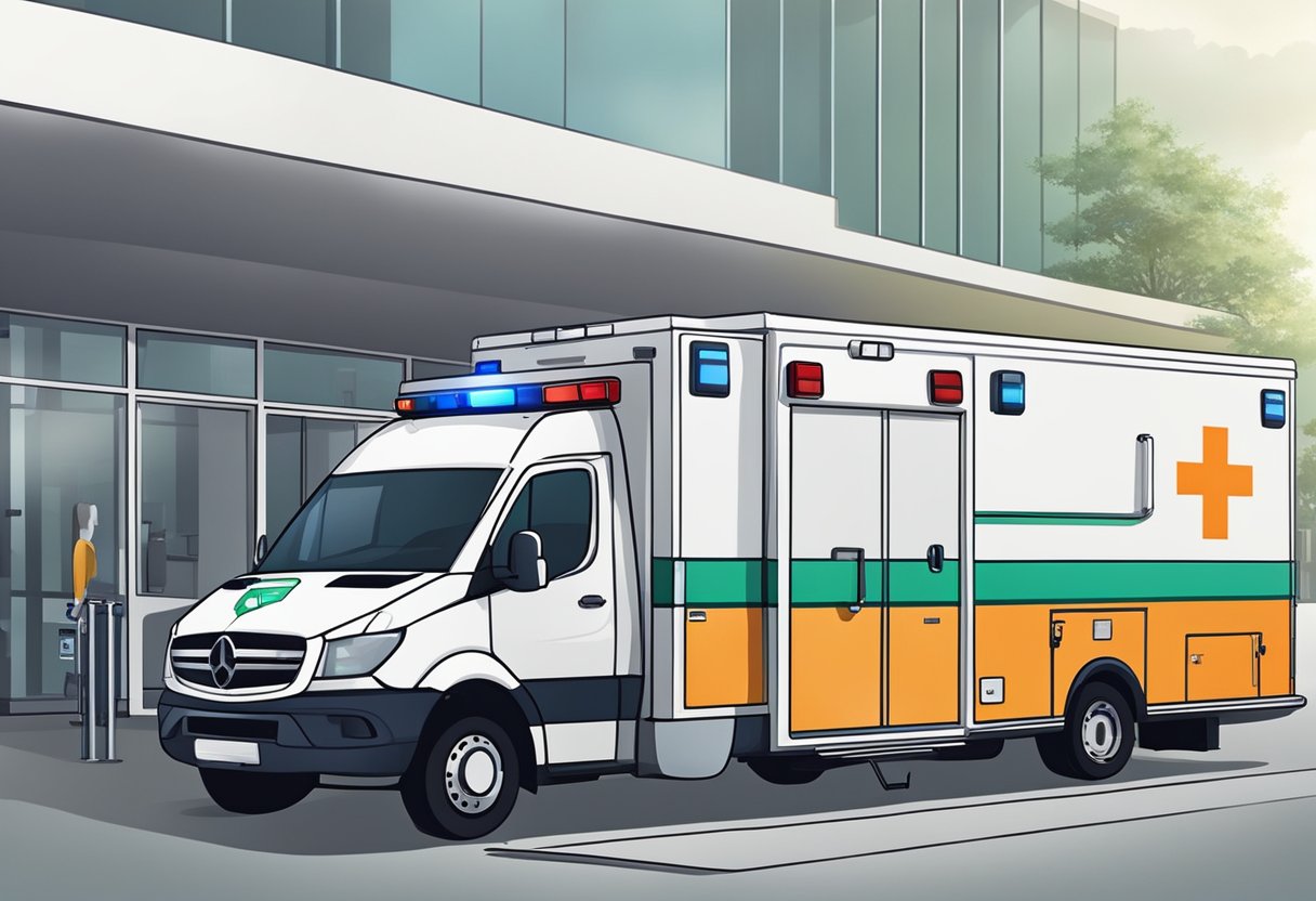 Uma ambulância moderna estacionada do lado de fora de um hospital, com paramédicos carregando equipamentos médicos no veículo.