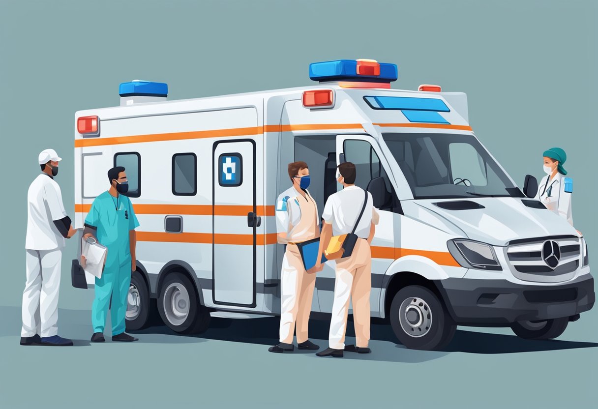 Uma equipe de profissionais de saúde e ambulâncias coordena o transporte de pacientes para serviços de remoção.