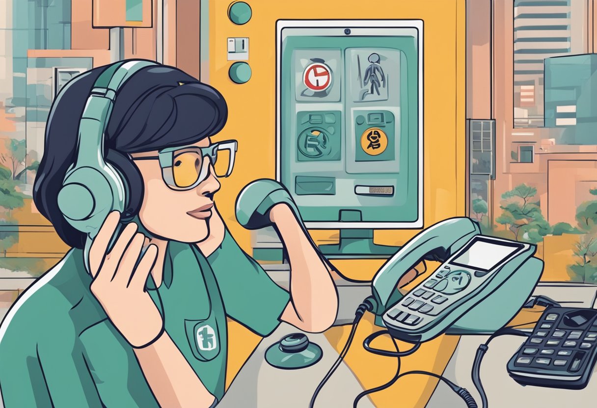 Uma pessoa pedindo ajuda em um telefone com vários símbolos de emergência ao fundo