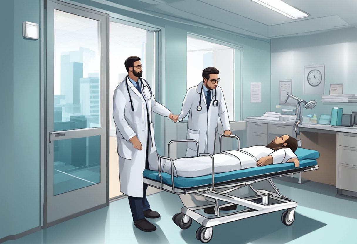 Um médico de jaleco branco e estetoscópio corre para ajudar um paciente deitado em uma maca em uma sala de emergência do hospital.