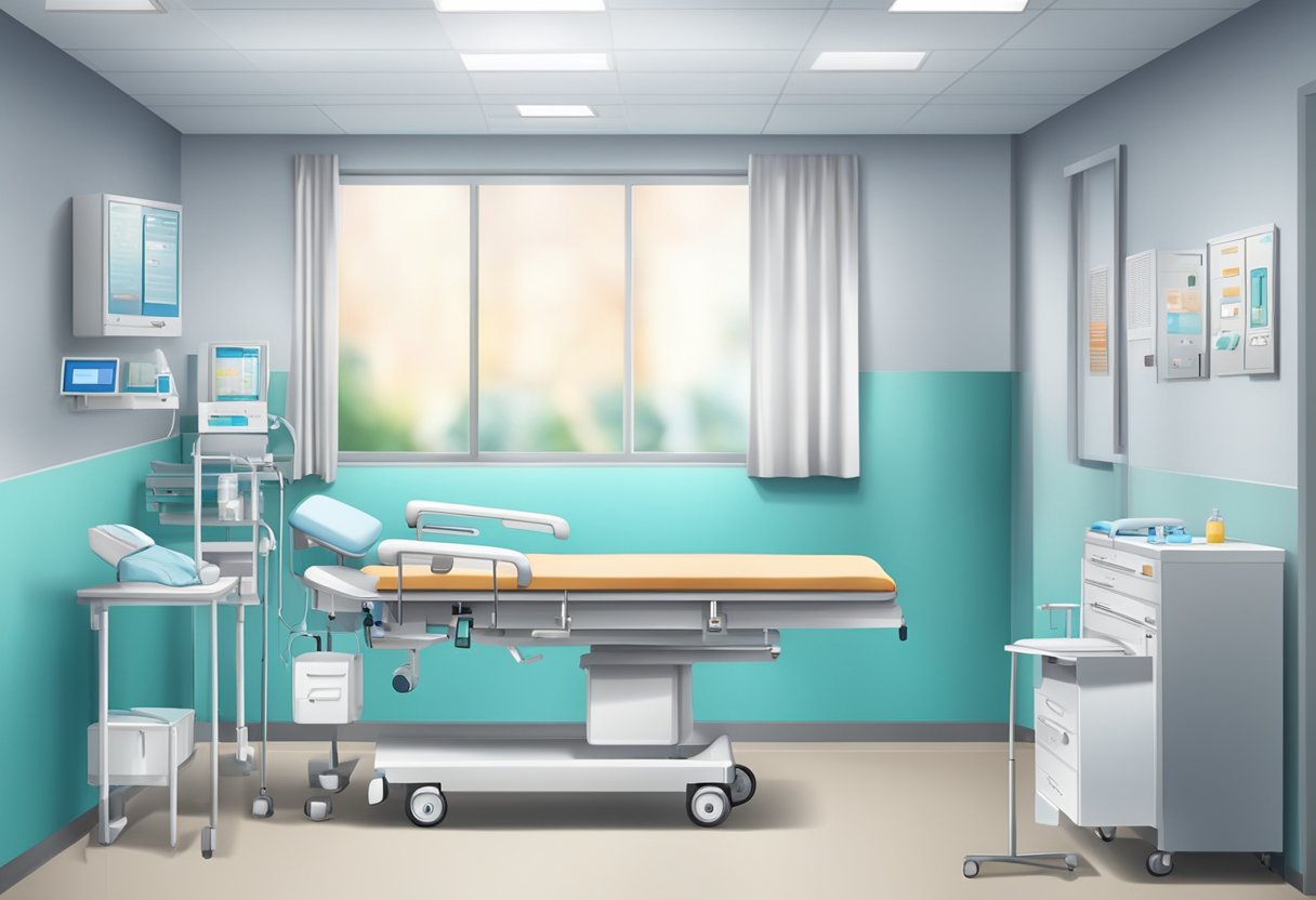 Uma sala de emergência privada com equipamentos médicos e uma cama