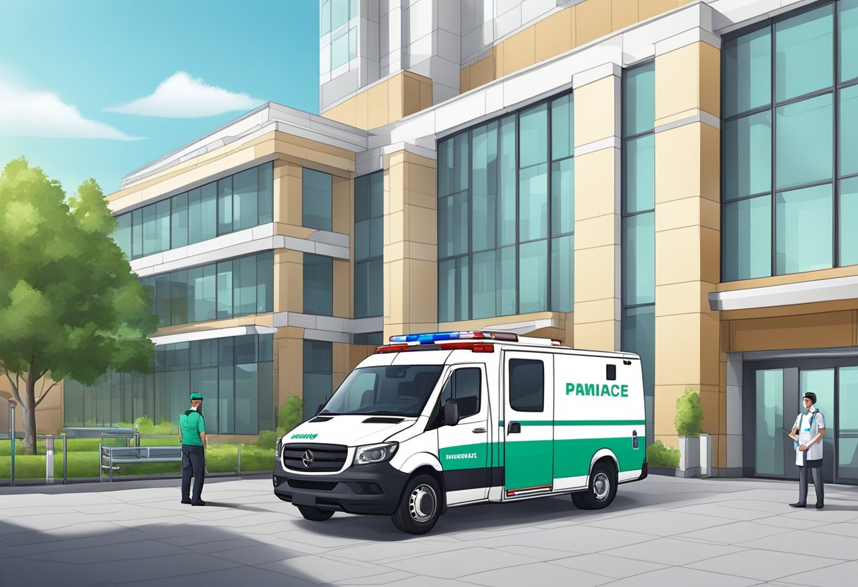 Uma ambulância particular estacionada do lado de fora de um hospital, com equipamentos médicos visíveis através das janelas e um paramédico em pé nas proximidades.