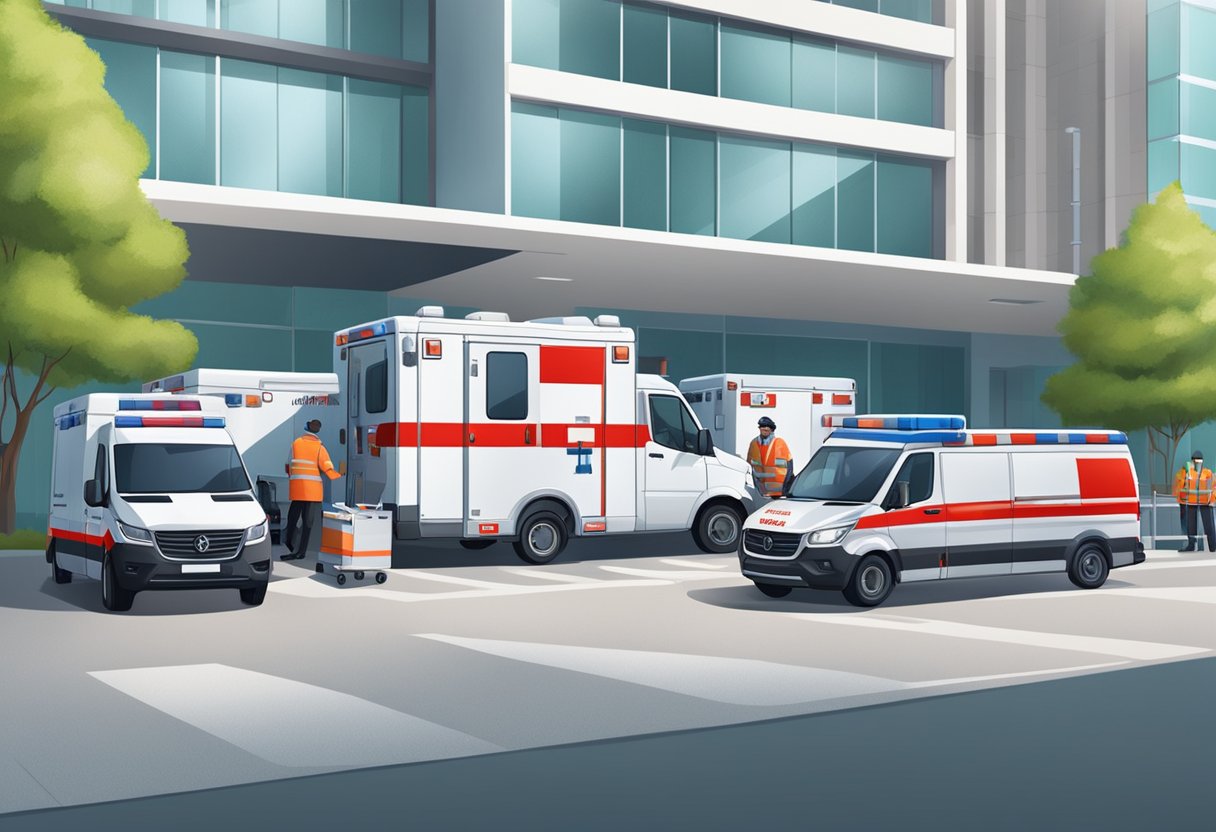 Uma ambulância particular estacionada do lado de fora de um hospital, com paramédicos descarregando equipamentos médicos e se preparando para transportar um paciente.