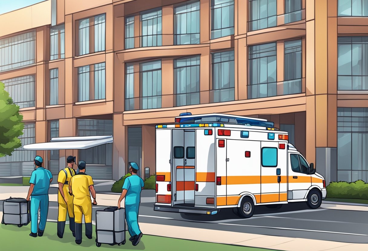 Uma ambulância particular estacionada em frente a um hospital, com paramédicos descarregando equipamentos médicos.
