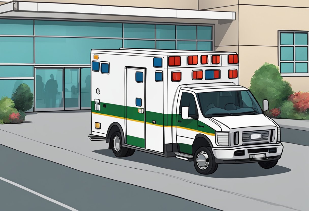 Uma ambulância particular estacionada do lado de fora de um hospital, cercada por equipamentos médicos e pessoal. A condição e as características do veículo indicam seu valor.